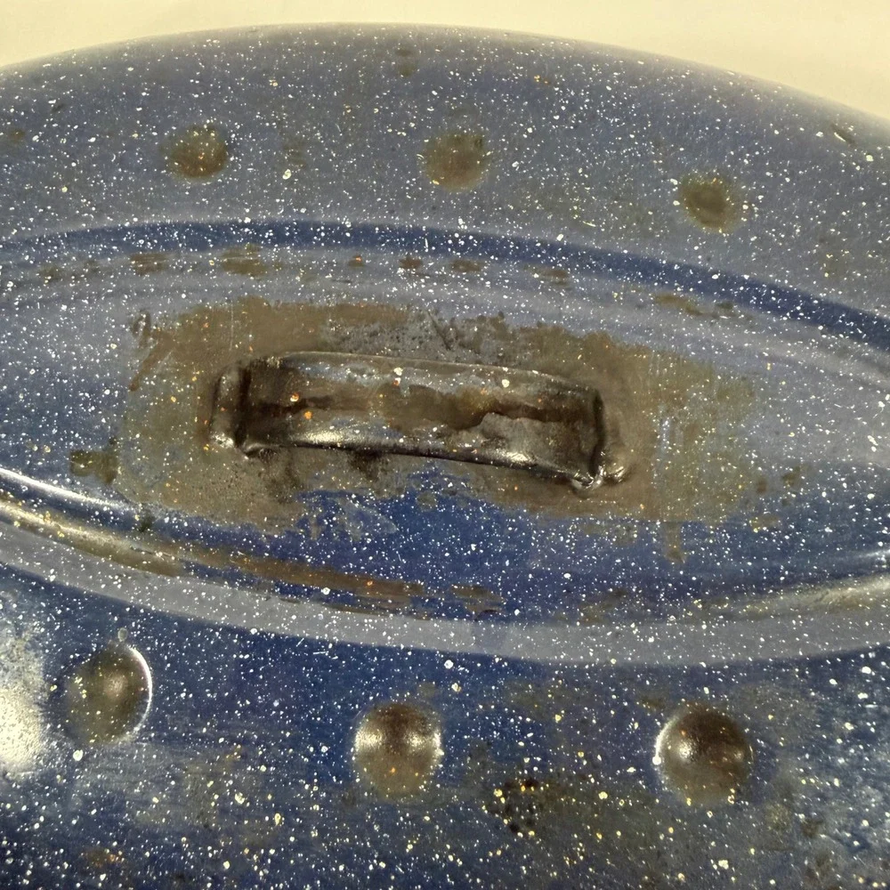 Vintage Enamelware Roaster Pan Large Blue White Speckled Oval Lidded Pot 15 Inch